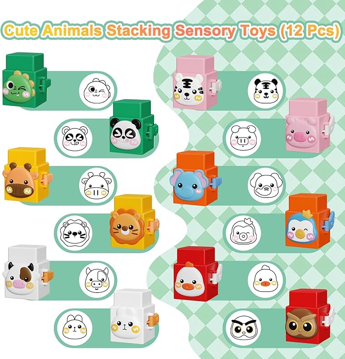 12 PCS Stacking Toys Set for Toddlers 1 2 3 4 Years Old Boys Girls Preschool Pressable Animals Stacking Blocks Sensory Toys with Cute Expressions Fun Christmas Birthday Gifts for Kids Ages 1+