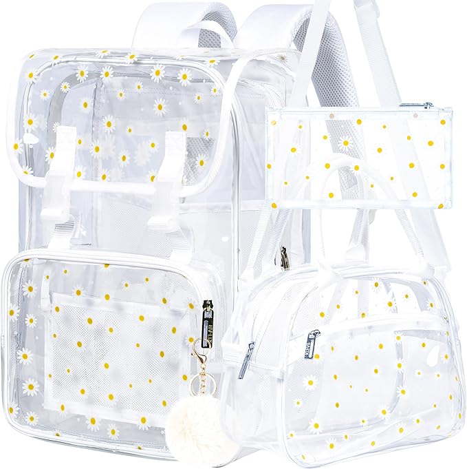 17" Daisy Clear Backpack for Girls - Flip Design Stadium Approved 3Pcs Set, Heavy Duty PVC Bookbag for Concert/School (White)