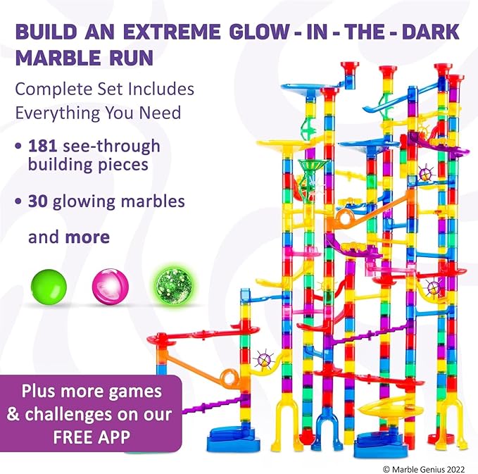 Marble Genius 115 pcs Glow Marble Run Track Race Starter Set for Kids Age 4+, Glow in The Dark, STEM Educational Building Block, Color Instruction Manual, for Kids