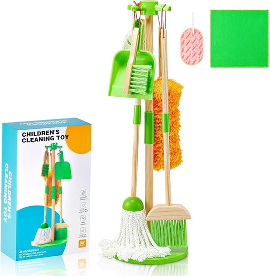 WHOHOLL Wooden Kids Cleaning Toy Set Toddler Broom Set for Housekeeping 8 Pcs Broom and Mop Set for Toddlers 3-5, Baby Cleaning Toys with Dustpan Sponge, Birthday Gifts for Boys and Girls (Green)