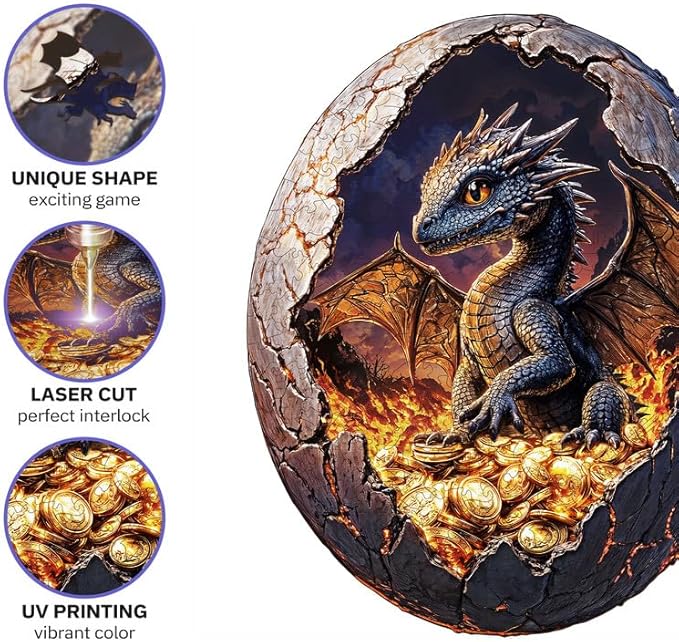Jigfoxy Wooden Puzzle for Adults, Hatchling Dragon Wooden Jigsaw Puzzles for Adults, Unique Animal Shape Wood Cut Puzzles for Family Friend Puzzle Lovers(S-8.4 * 6.9in-111pcs)