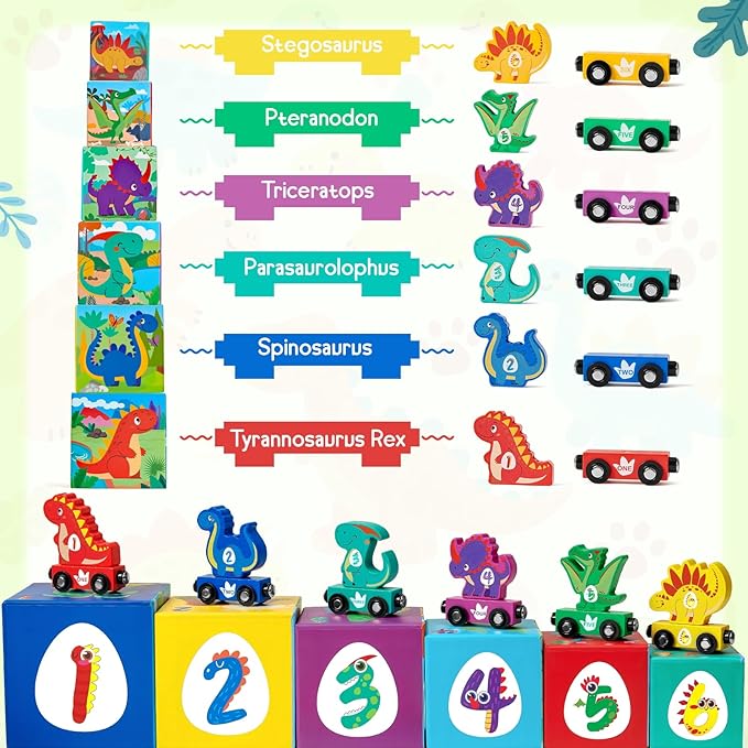 Toyssa Wooden Dinosaur Sorting and Stacking Toys for Toddler 1-3, Number Blocks Nesting Boxes with Magnetic Animals Train Set, Preschool Learning Montessori Toys for 1 2 3 Year Old Boys Girls Gift