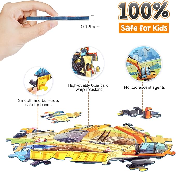 Floor Puzzles for Kids Ages 3 4 5 6 7 8, 70 Piece Construction Site Jigsaw Puzzle with Excavator Bulldozer Forklift Dumper Truck, Building Site Educational Toy Gift for Boys Birthday Christmas