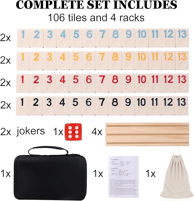 Upgraded 2-4 Players Rummy Cube Board Game Set with 4 Wooden Racks, 106 Tiles, Portable Case, Drawstring Bag and Dice, for Adults Friends Night Gifts Travel Party Sharpens Brain