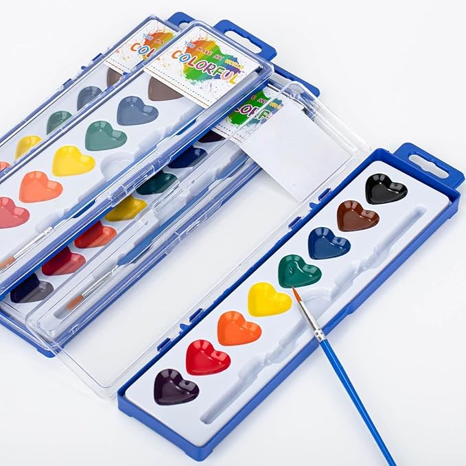 ARTLYMERS 24 Pack Watercolor Paint Set Kids, 8 Washable Heart Shaped Water Colors Paint Sets with Paintbrush for Children, Art Supplies for Preschool Classroom Party Favor Valentines Gifts