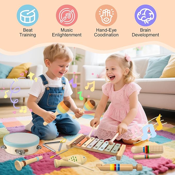 Baby Musical Instruments-Montessori Wooden Toys for Toddlers 3+ Neutral Colors Percussion Instruments Set with Modern Boho Xylophone for Kids Preschool Educational, Comes with Storage Bag