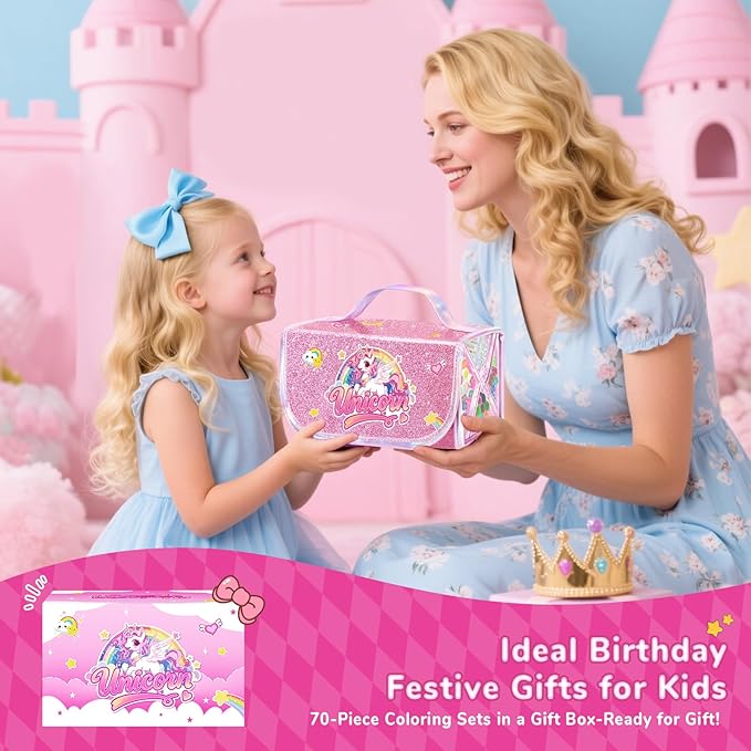 70PCS Unicorn Washable Markers Set with Glitter Pencil Case,Art Supplies for Kids Ages 4-6-8,Drawing Coloring Art Craft Kits for Girls with Marker,Glitter Pens,Crayon,Birthday Gifts Toys for Girls