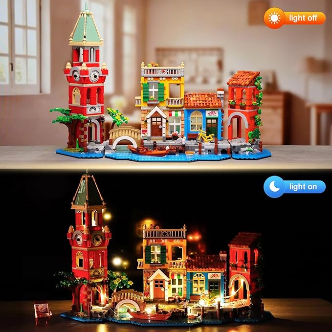 Venice Main Street Building Set for Adults, 2155 PCS City Riverside House Building Block Kit with Light Flower Shop Pizzeria, Home Decor Architecture Brick Model Women Men Teen Girl 12+