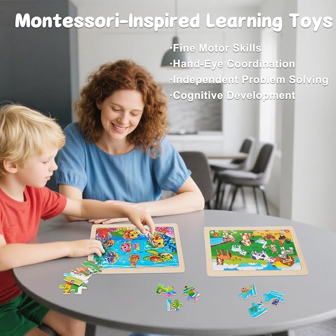 Wooden Jigsaw Puzzles for Kids Ages 3-6, 4 Pack with Animals Preschool Educational Toys, Toddler Puzzles Gift for 3 4 5 Year Old Boys Girls (Animal)