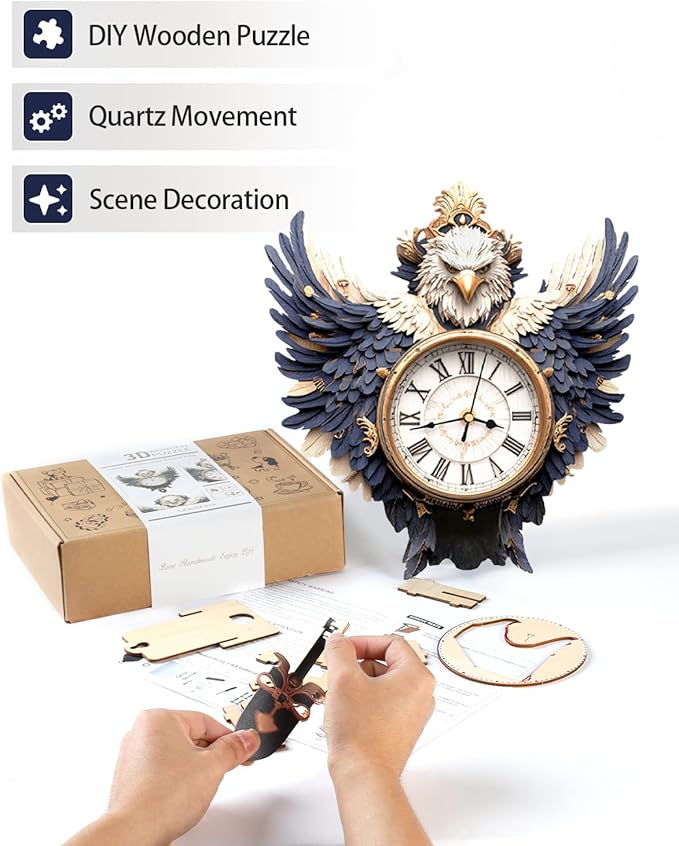 3D Wooden Puzzles for Adults, Bald Eagle Clock with Pendulum Model Kit, 3D Puzzles for Adults Room Home Decor DIY Wall Clock Kit, Holiday Birthday Christmas Day Gifts for Men Women Teens