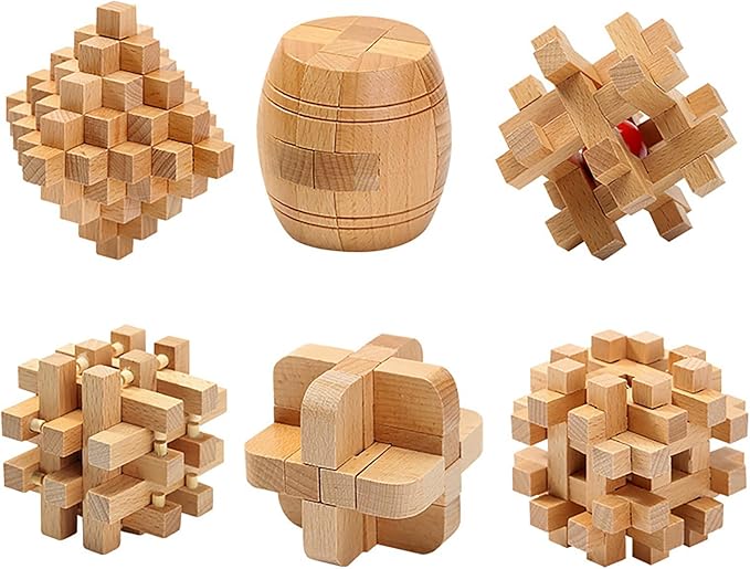 FantasyDay 6pcs Wooden Brain Teaser Puzzles, Interlocking Games for IQ Test, Intellectual 3D Assembling Educational Toy Set for Teens and Adults (6 Puzzle Set#E05)