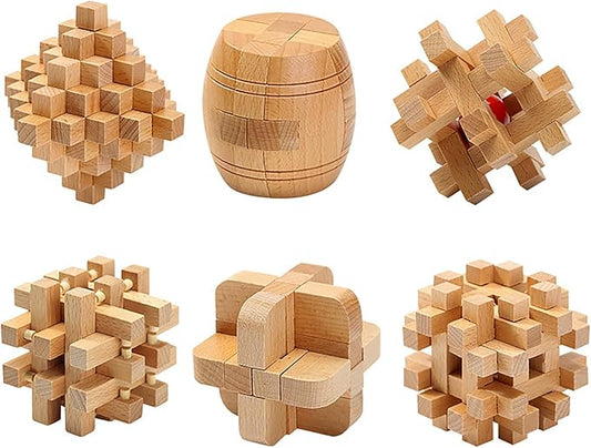 FantasyDay 6pcs Wooden Brain Teaser Puzzles, Interlocking Games for IQ Test, Intellectual 3D Assembling Educational Toy Set for Teens and Adults (6 Puzzle Set#E05)