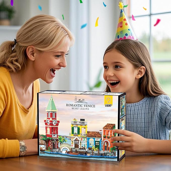 Venice Main Street Building Set for Adults, 2155 PCS City Riverside House Building Block Kit with Light Flower Shop Pizzeria, Home Decor Architecture Brick Model Women Men Teen Girl 12+