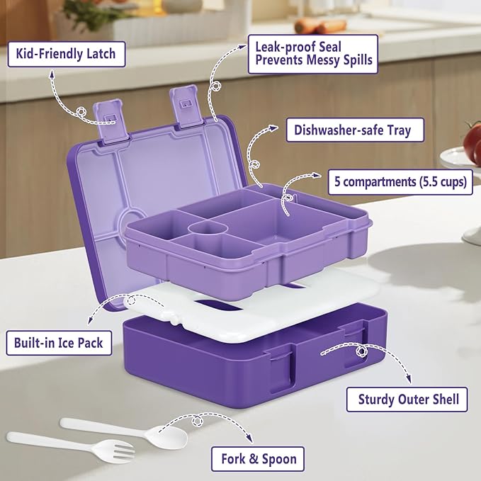 Chill Lunch Box Kids, Leak Proof Adult Bento Box with Ice Pack, 6 Compartment Lunch Container with Utensils for Girl Boy Back to School, 5.5-Cup Capacity, Dishwasher Safe, BPA Free