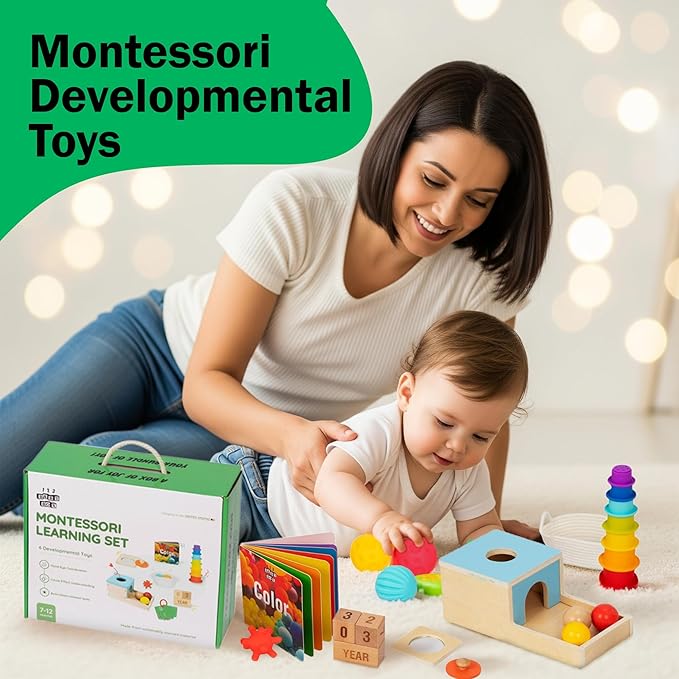 Montessori Toys for Babies 7-12 Months - 6-in-1 Baby Learning Set w/Object Permanence Box, Color Book, Milestone Blocks & More - Educational Toys for Fine Motor & Cognitive Development