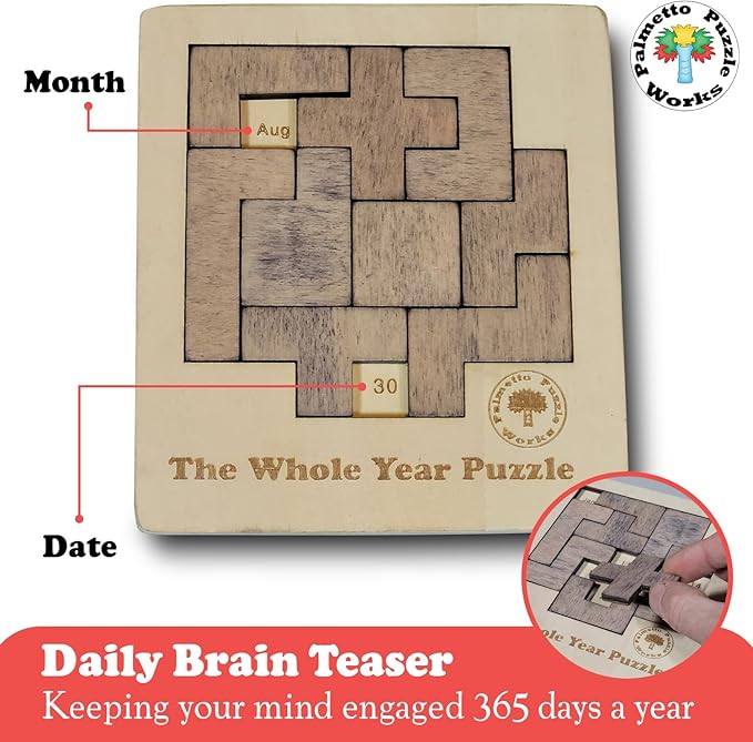 Palmetto Puzzle Works The Whole Year Puzzle – Wooden Puzzles for Teen' & Adults, Educational Games for Families & Gift Ideas for Classroom Games, Shape & Pattern Calendar Brain Teaser for Ages 14+
