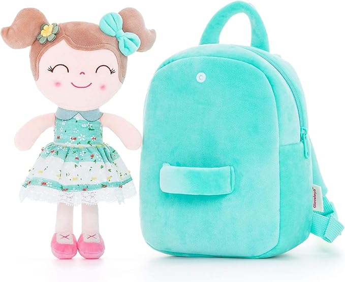 Gloveleya Kids Backpacks Girls Backpack Plush Bags with Soft Baby Doll Green 9"