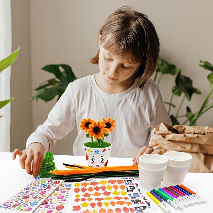 24 Set Garden Pot Craft Kit DIY Sunflower Plant Crafts Pot with Pipe Cleaners Stickers Fall Craft Kit for Fall Thanksgiving Autumn Harvest Classroom Creative DIY Art Project Bulk Painting (Flower)