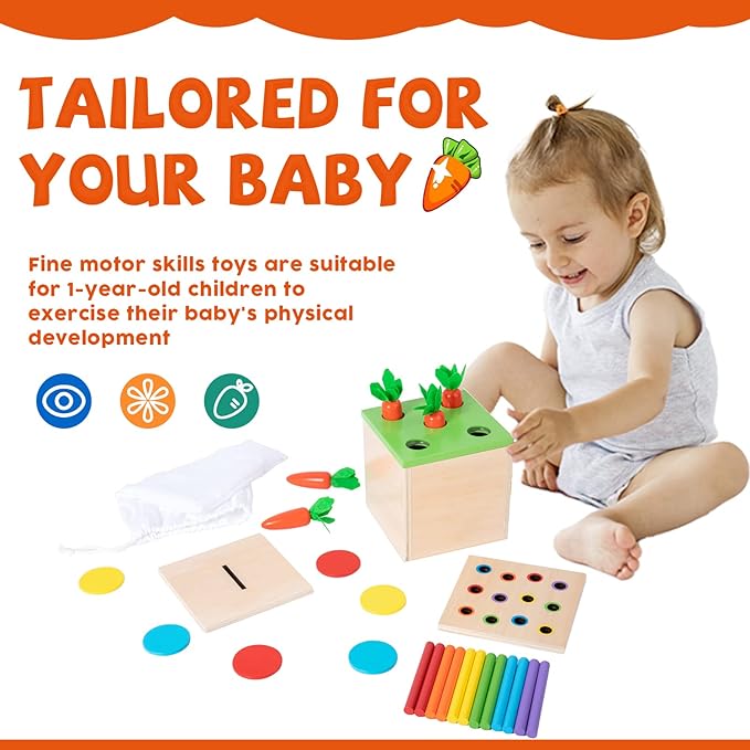 Montessori Toys for 1+ Year Old Babies - 4-in-1 Play Kit Includes Carrot Harvest Game, Infant Coin Box, Fine Motor Skills Toys and Object Permanence Box