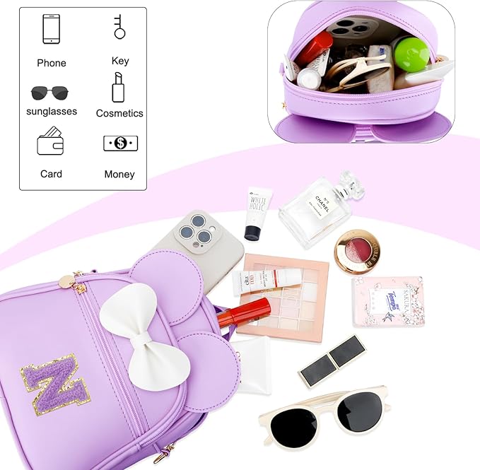 KKXIU Girls Initial Bowknot Cute Mini Backpack for Toddler, Travel Small Girl Backpacks, Personalized Trendy Stuff Gift for Little Girls and Kids(N, Purple)