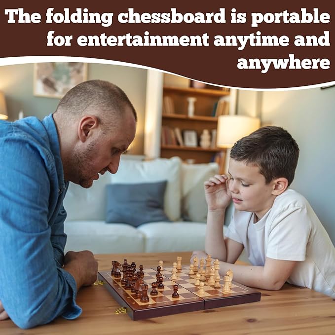 Wooden Magnetic Chess Set –15-Inch Foldable Wooden Chess Board with Magnetic Pieces, Portable Travel Chess Set for Adults and Kids, Classic Board Game with 2 Extra Queen