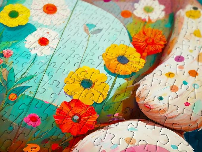 Teddy Bear in Flower Garden Illustration – 1000 Pieces Jigsaw Puzzle for Adults – Matte Finish, Soft Touch, Easy to Assemble, Tight Fit, Vivid Colors, Missing Pieces Service