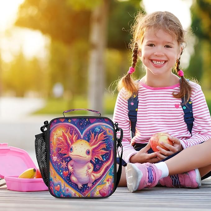 Insulated Lunch Box for Girls Kids Axolotl Lunch Bags Reusable Portable Lunchbox with Adjustable Shoulder Strap and Water Bottle Holder for Work School Travel