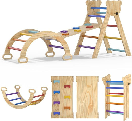 Large Pikler Triangle Set, 5 in 1 Foldable Baby Climbing Gym Indoor Montessori Climbing Set Wooden Toddler Climbing Toys with Arch, Ramp, Ladder, Rainbow