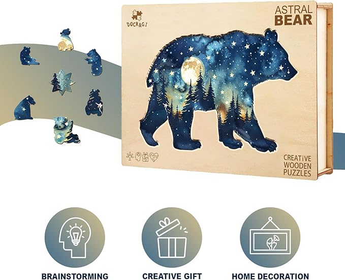 Wooden Puzzles for Adults - Astral Bear Wooden Jigsaw Puzzle - Unique Animal Shaped Wood Puzzles Adult - Christmas Birthday Gifts for Adults/Friends/Family - 145 Pcs 12.2 * 8.1in