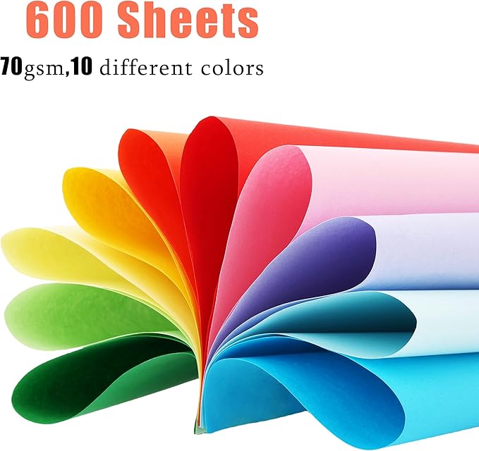 600 Sheets Colored Paper A4 Origami Printer Copy Multipurpose Printing Paper for DIY Craft Scrapbook Office 8.3" X 11.7", 10 Assorted Colors（70 gsm）