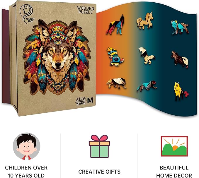 Wooden Puzzle for Adults,Wolf Totem Style Jigsaw Puzzles 200 Piece,Unique Shape Puzzle Challenge 11 x 11 Inch,Birthday Gifts Family Game