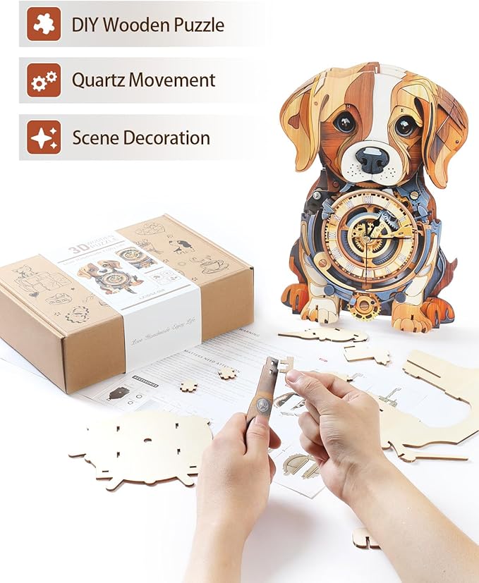 3D Wooden Puzzles for Adults, Beagle Clock DIY Kit with Pendulum, Beginner 28 Pcs Wooden Puzzles, Creative Gift Ideas for Adults and Teens