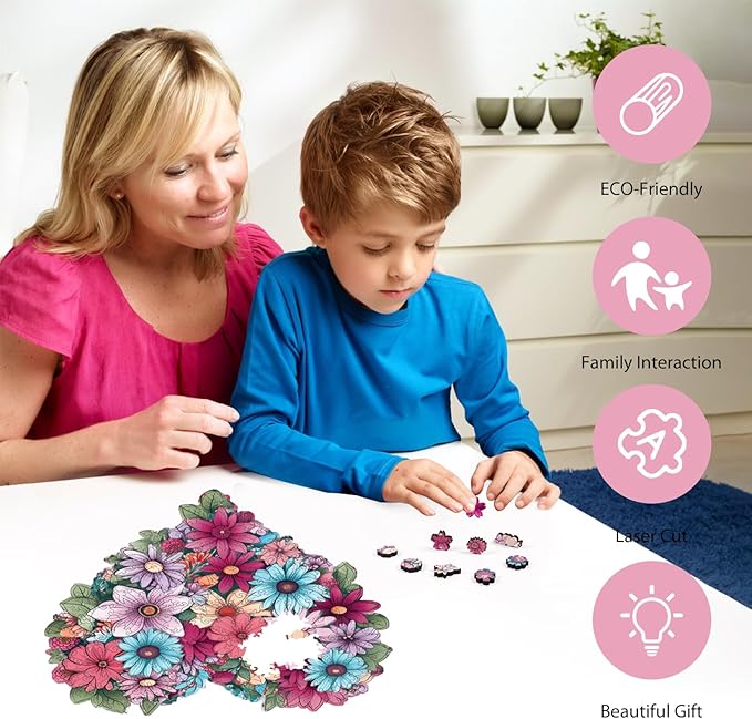 Ruikiyart Wooden Puzzles for Adults, 5MM 200 Pieces Heart Flower Wooden Jigsaw Puzzles, Unique Shapes Puzzles Great Gift for Adults and Kids on Birthday, Christmas (11.2"x10.7")
