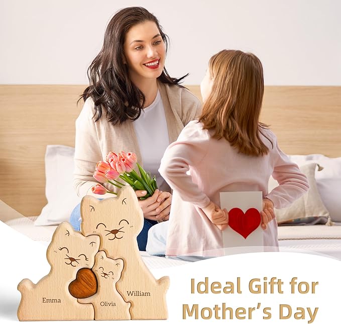 Wooden Cat Family Puzzle, Personalized Puzzles with 2-5 Names, Mothers Day Birthday Personalized Gifts for Mom Dad Grandma Kids Teen Boys Girls, Toddler Men Christmas Thanksgiving Decorations
