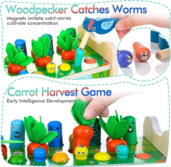 6-IN-1 Wooden Montessori Toys for 1 Year Old, Mole-Tapping Game | Play the Xylophone | Frog Clock | Carrot Harvest Game | Spinning Gear, Toddler Toys Aged 1-4, Baby Toy Gift for Early Learning