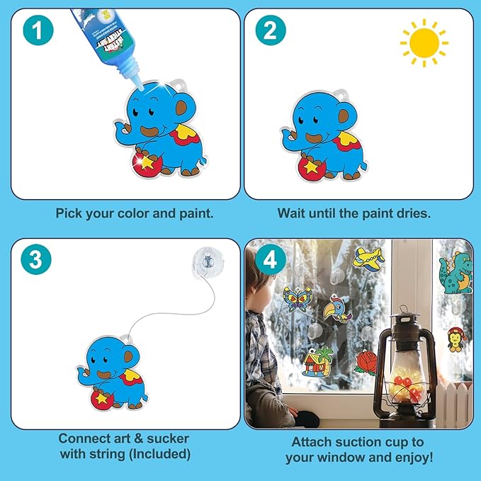 Window Paint Art, 36 Suncatchers Double Craft Kit for Kids – Children’s Make Your Own Fun Suncatcher Set Suction Cups DIY Car & Mirror Arts Crafts Children