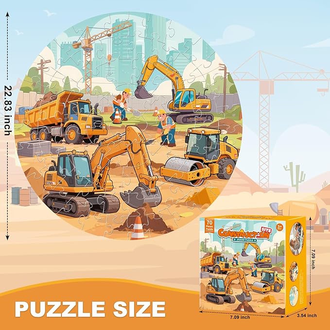Floor Puzzles for Kids Ages 4-6 70 Piece Construction Site Large Floor Puzzle with Excavator, Dump Truck, Bulldozer Building Site Jigsaw Puzzles Educational Toy Gift for Boys Ages 6-8