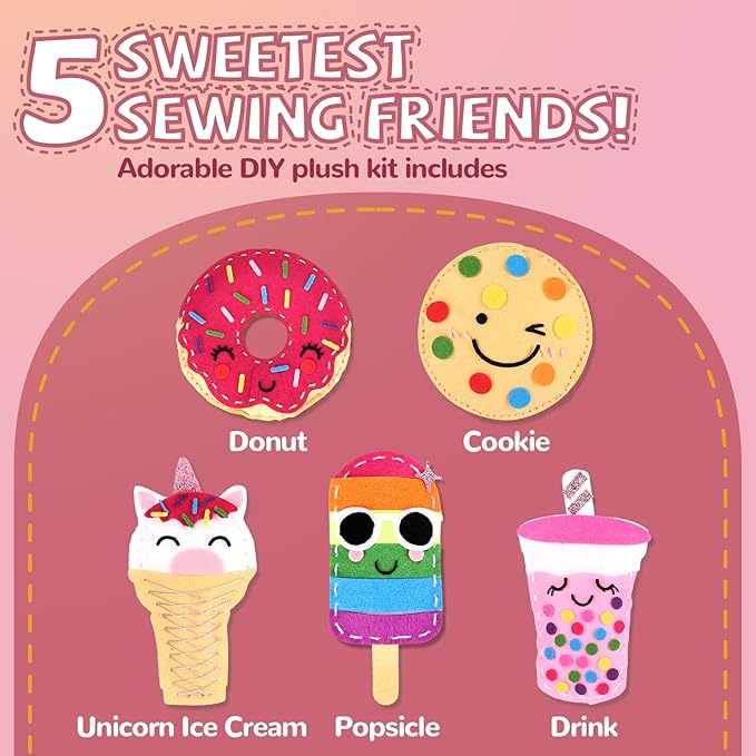 Cymbana Kids Sewing Kit Make Your Own Food Felt Plush Toy, Donuts, Ice Cream Craft Art Set for Beginners, Girls Gifts for Children Ages 6+