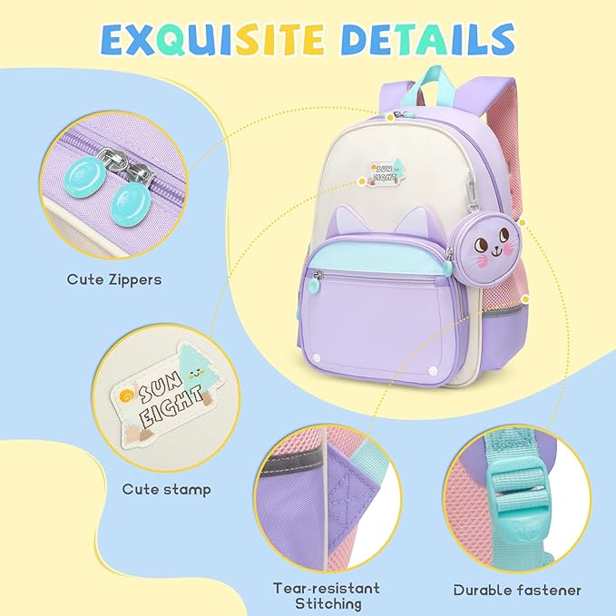 SUN EIGHT Toddler Backpack for Girls Kids Backpack Cute 3D Cartoon School Bag for Baby Girl Boy 2-5 Years (22140-Cat)