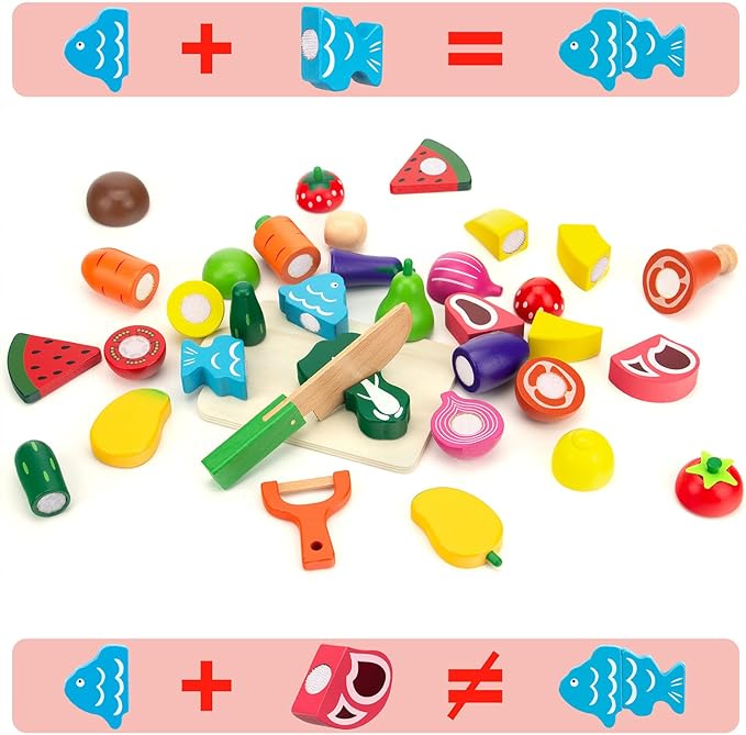 Wooden Play Food Sets for Kids Kitchen - Cutting Fruits and Veggies Toddler Toys Pretend Food Play Kitchen Accessories Montessori Educational Toys Gifts for Kids Boys Girls 3+