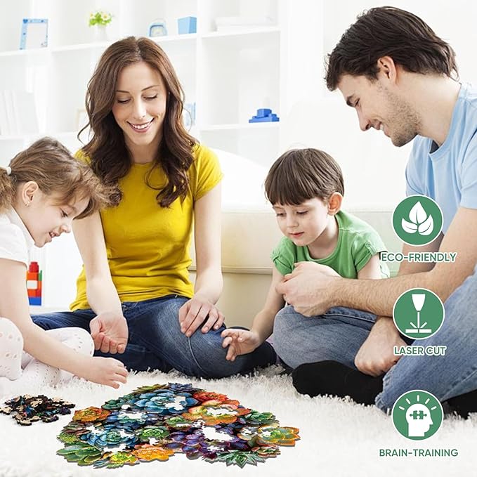 Mys Aurora Jigsaw Puzzles,300 Pieces Heart Succulent Wooden Puzzles for Adults, Unique Shaped Plant Puzzles,Brain Teaser Family Flower Puzzle Game 13.2 x 12.6 Inch