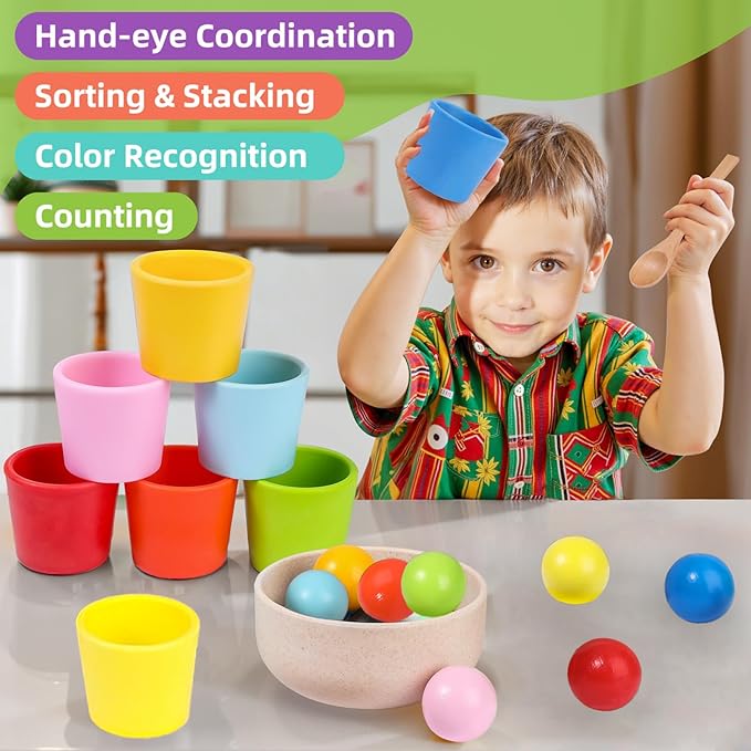 Rainbow Balls in Cups Toddler Montessori Toys - Color Sorting Toys for Toddlers for 3 Year Old Up, Learning Color Sorting and Counting, Kids Preschool Wooden Matching Games (8 Balls, 1.4 in)