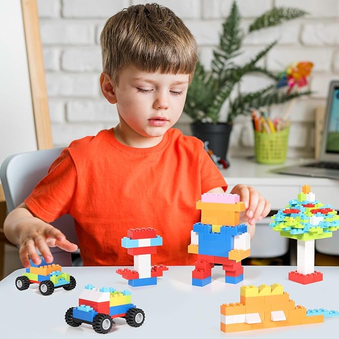 1000 Pieces Building Bricks, Classic Building Bulk Block for Kids with 12pcs Wheels Accessories, Windows, Doors, 2 Packs Studs Sticky Plate, Compatible with All Major Brands, Gfits for Kids