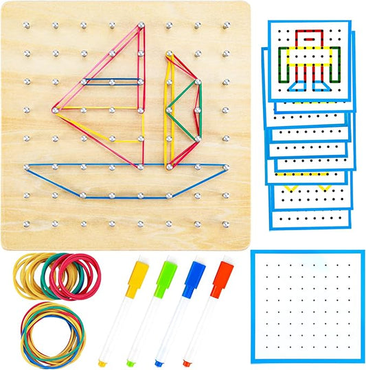 HEELWIRE Wooden Geoboard,Montessori Toy,Graphical Mathematical Education Toy for Kids with Pattern Cards and Rubber Bands to Figures and Shapes, Brain Teaser STEM Toy Geo Board., Plus 7*7*0.6in