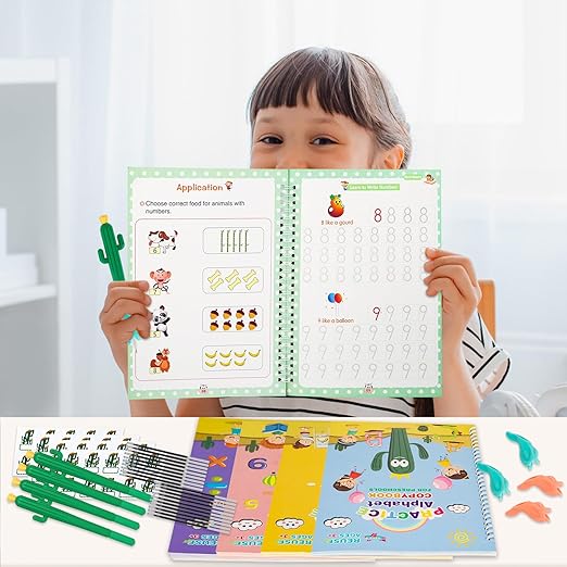 Upgraded Large Size Magic Practice Copybook for Kids, Reusable Grooved Handwriting Practice Book for Preschool Kids Age 3-8 Calligraphy with Catus Pens & Storage Bag (5PCS 7.3 * 10.3 inch)