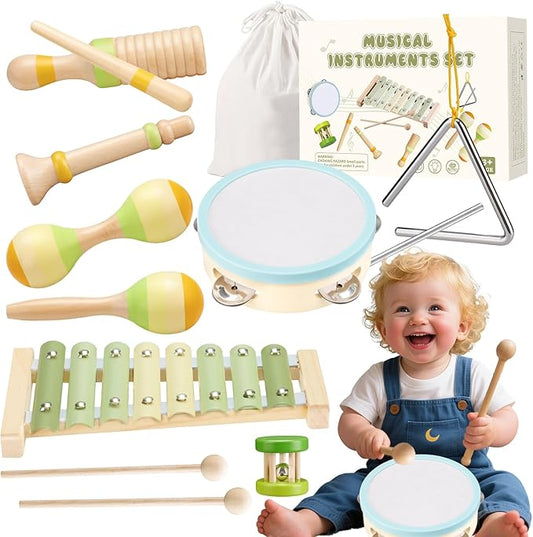 Baby Musical Instruments Set Montessori Wooden Toy for Toddlers 3 Percussion Music Xylophone for Kids Preschool Learning Resource Christmas Birthday Gifts for Boys Girls Aged 3 4 5 (Green)