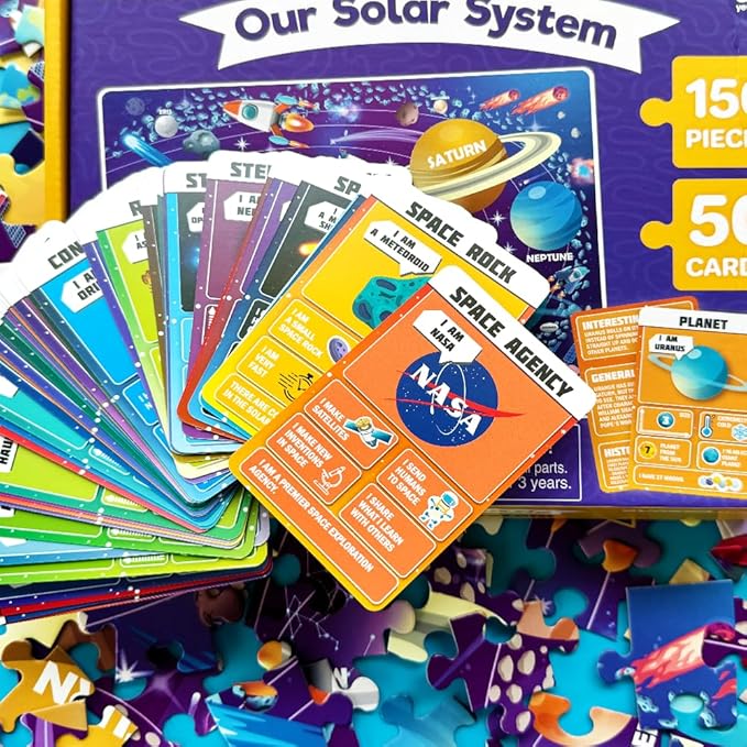 QUOKKA Puzzles for Kids Ages 8-10 - 150 Pcs Jigsaw Puzzles for 6-8 Year Olds - 400+ Facts on 50 Double-Sided Flashcards - Learn Space Education Activity Gift - Shaped Puzzle for Toddlers 4-6