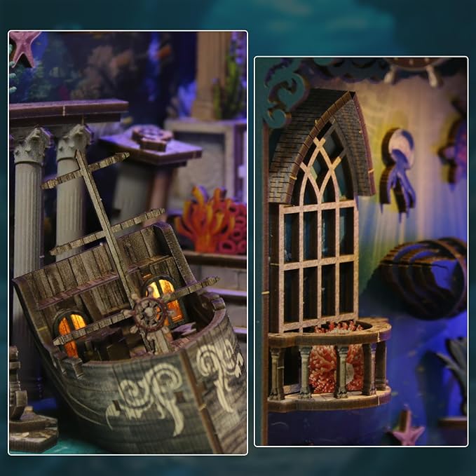 Book Nook Kit - DIY Enchanted Cottage Miniature House for Adults & Teens, 3D Wooden Puzzle Booknook with LED Lights, Bookshelf Insert Decor & Creative Model Building（Riddle On The Sea Floor）