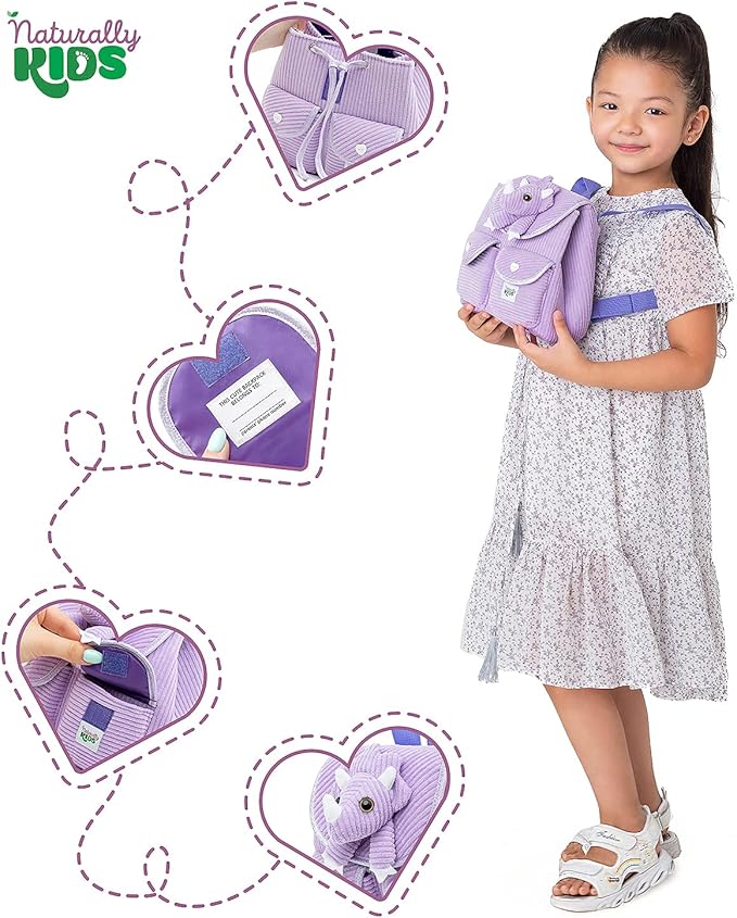 Purple Dinosaur Triceratops Mini Backpack for Kids, Mini Backpack for Toddler Girls, Gift for 2 3 4 5 Year Old Girl Boy