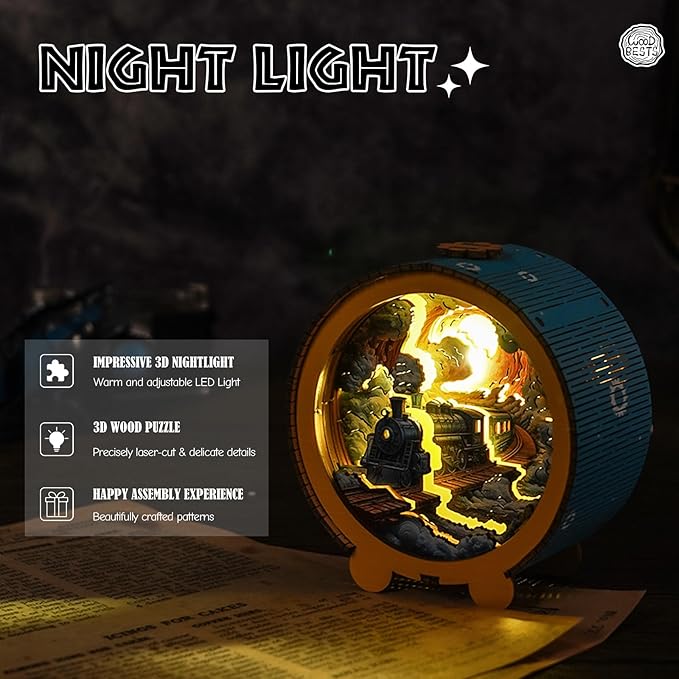 3D Puzzle Nightlight-DIY LED Light Wooden Puzzle-Art Lamp and Craft Kits for Kids and Adults-Birthday Gifts Toys-Home Desk Decor Family Game (Steam Train)